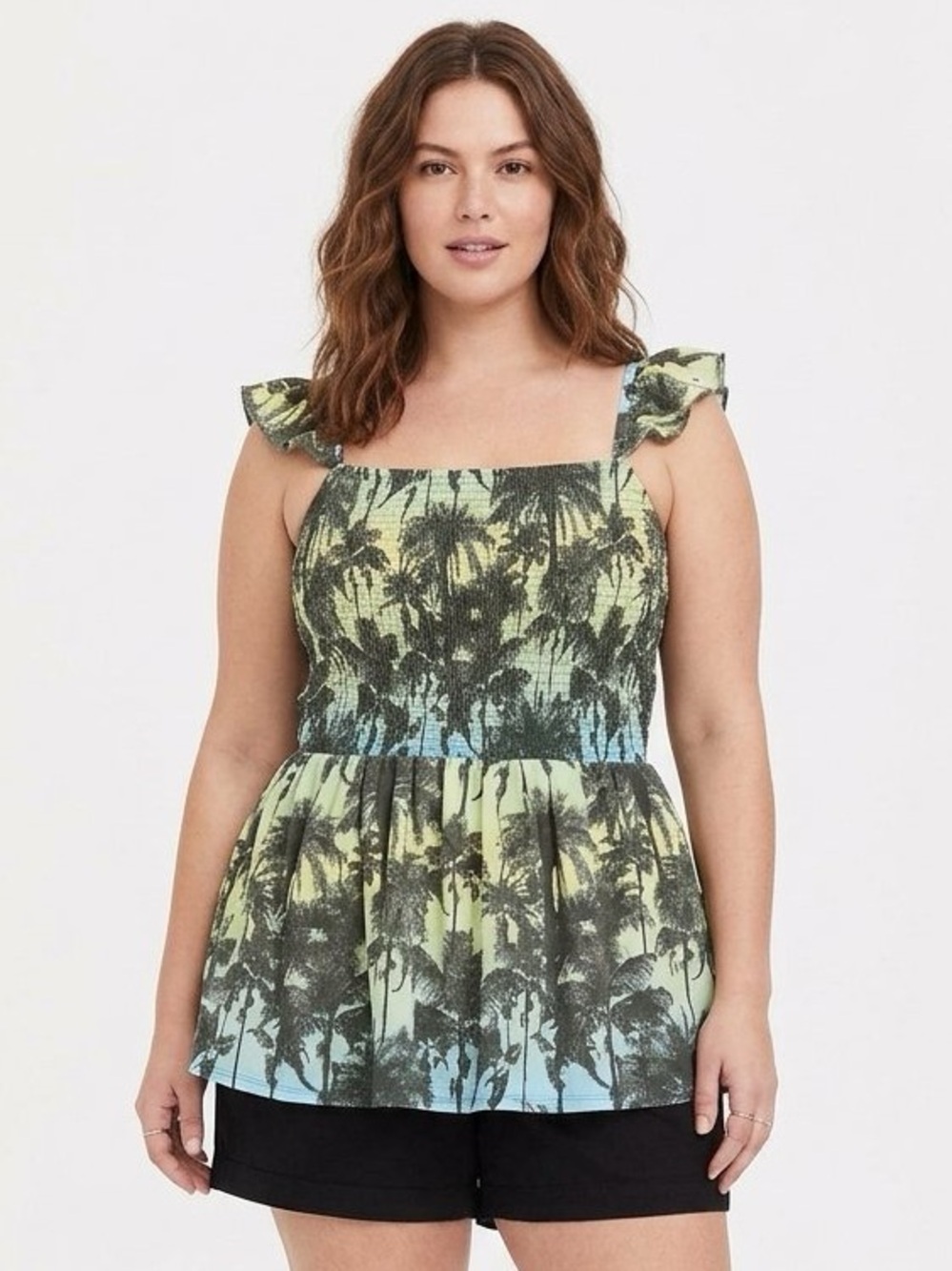 Lane Bryant Green Palm-Print Smocked Sundress